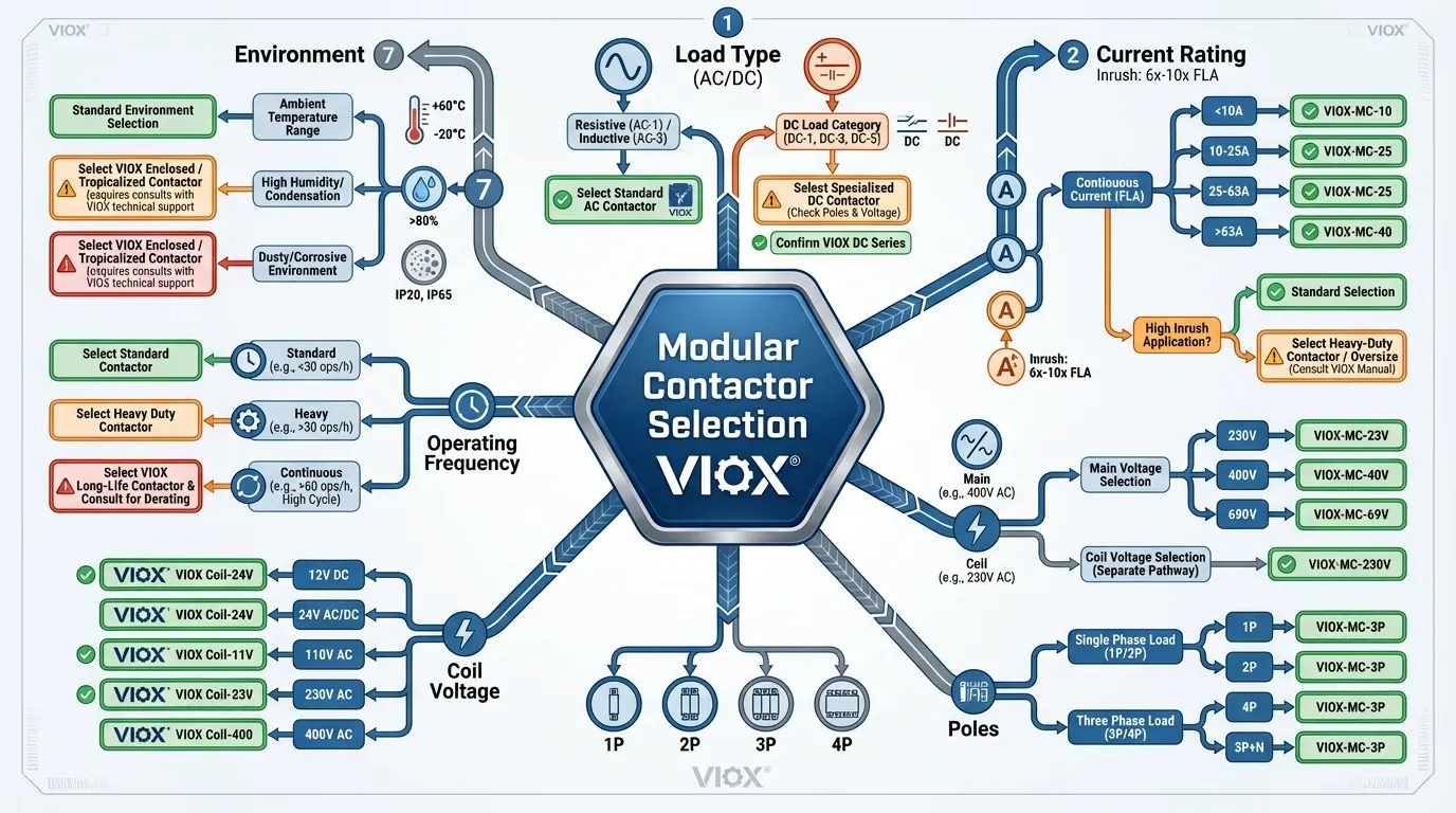 Carta alir matriks keputusan teknikal yang menunjukkan 7 kriteria pemilihan kontaktor modular penting: Jenis Beban, Penarafan Arus, Voltan, Kutub, Voltan Gegelung, Kekerapan Kendalian, Faktor Persekitaran