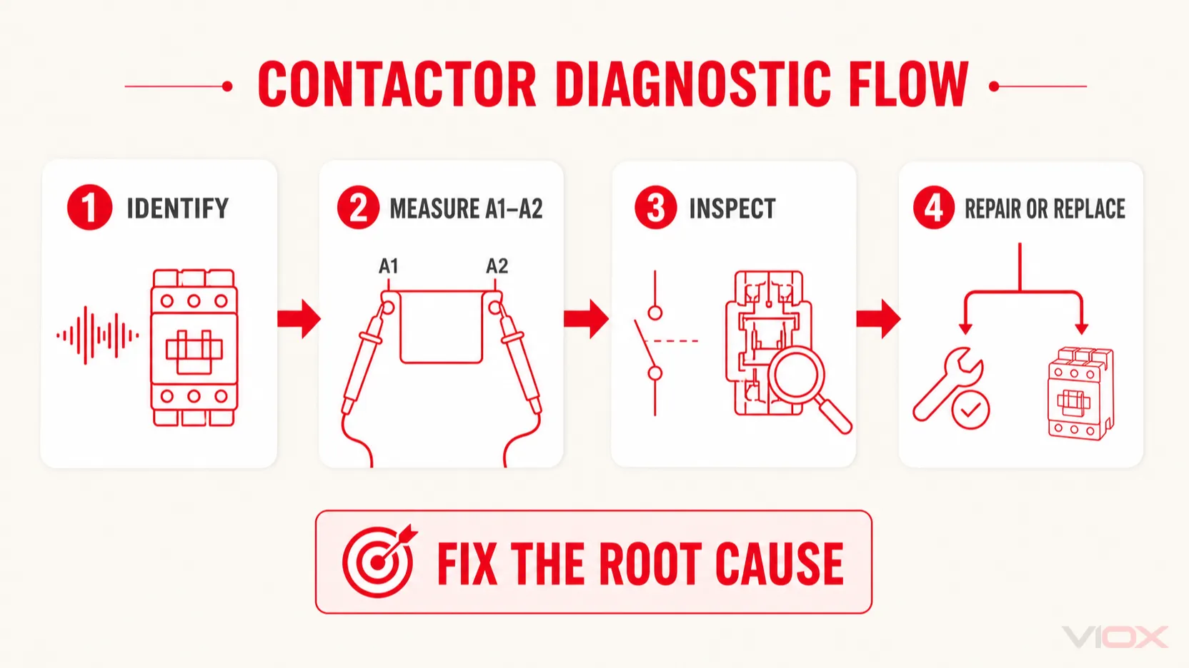 Four-step contactor troubleshooting diagnostic flow