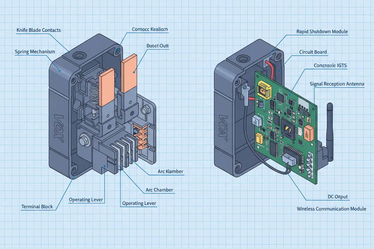 Illustrazione tecnica sezionata che confronta i meccanismi interni dell'interruttore di sezionamento CC VIOX e del dispositivo di arresto rapido a livello di modulo
