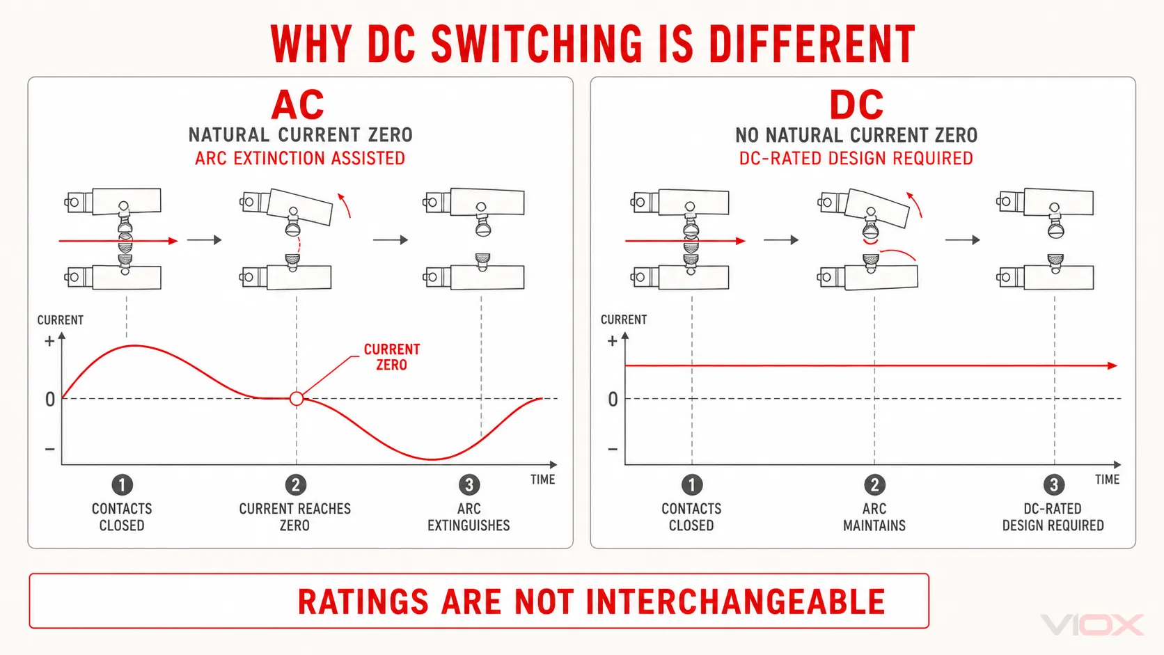 AC current zero crossing compared with DC arc interruption in an isolator switch