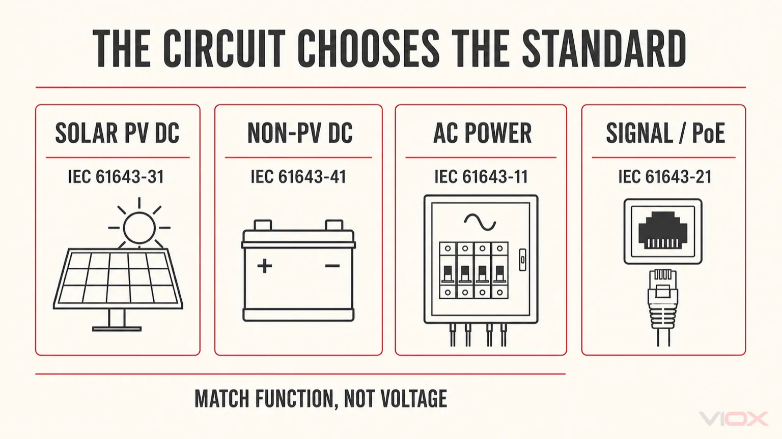 DC surge protection circuit map showing IEC 61643-31 for photovoltaic DC, IEC 61643-41 for non-PV DC, IEC 61643-11 for AC, and IEC 61643-21 for signal circuits.