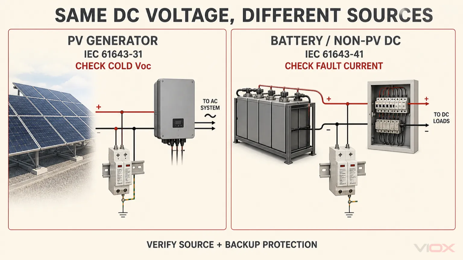 Comparison of current-limited photovoltaic source and battery-backed non-PV DC source, highlighting IEC 61643-31, IEC 61643-41, and short-circuit coordination.