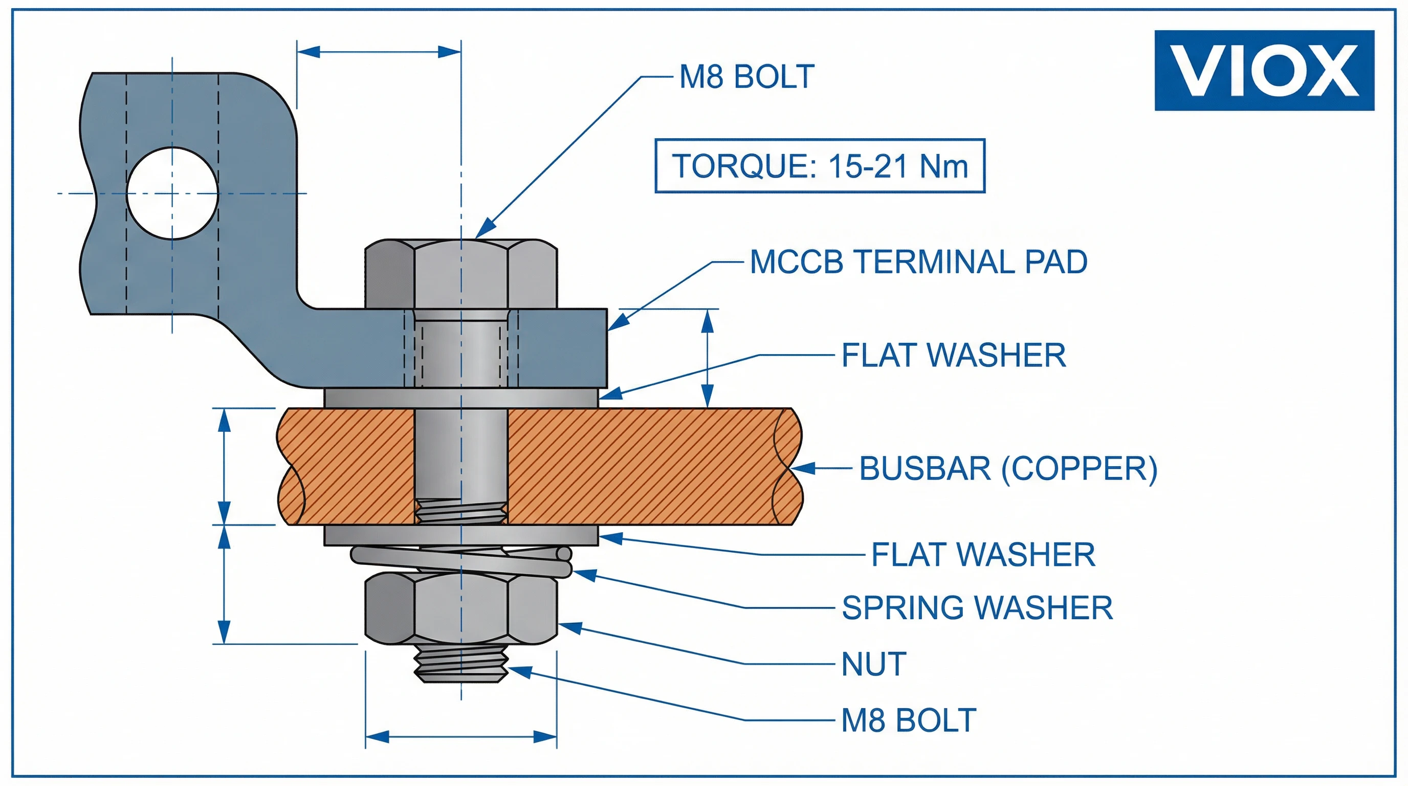 Az MCCB sín csatlakozás keresztmetszetének részletes műszaki rajza