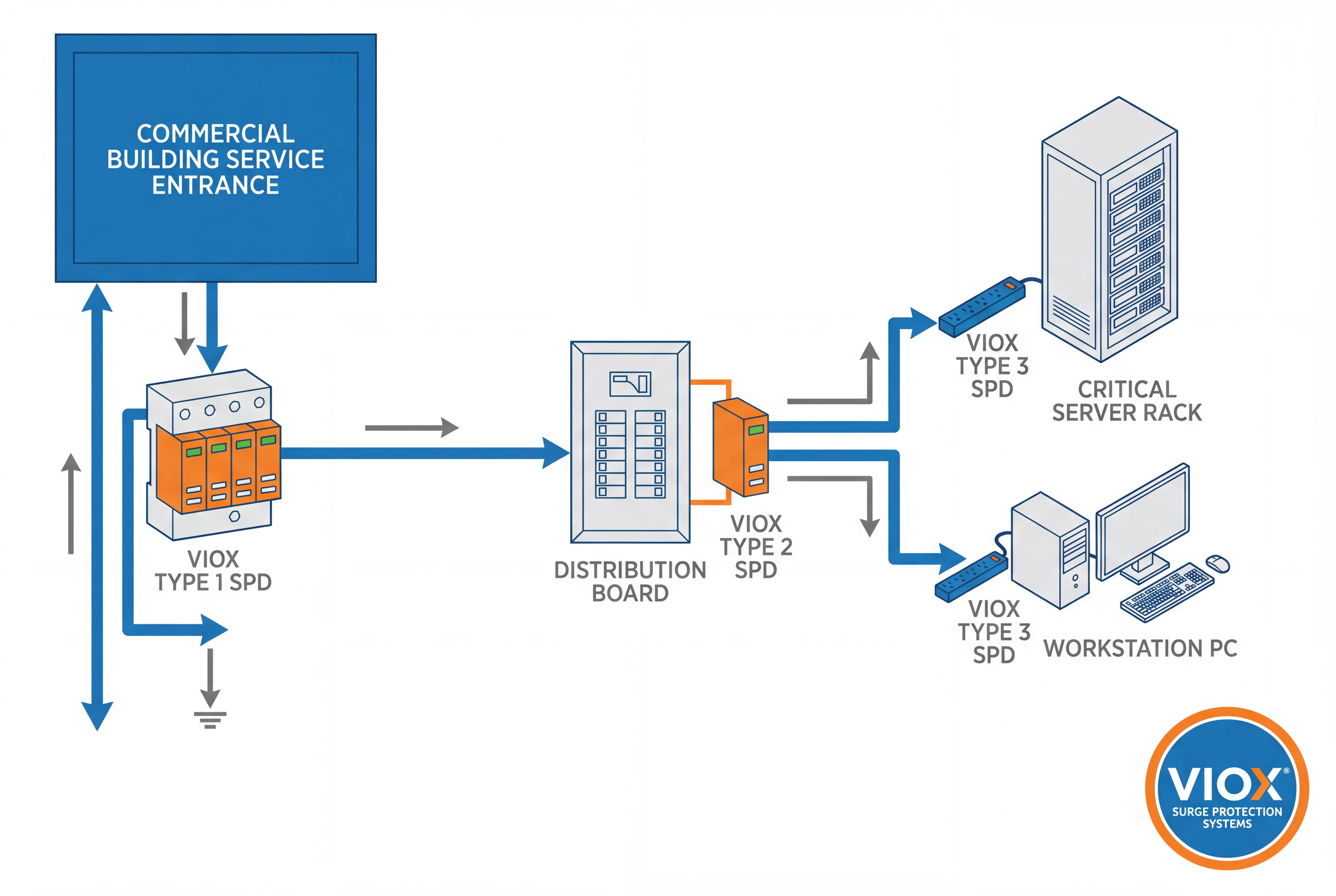 Diagram znázorňující třístupňovou hierarchii přepěťové ochrany VIOX v komerční budově