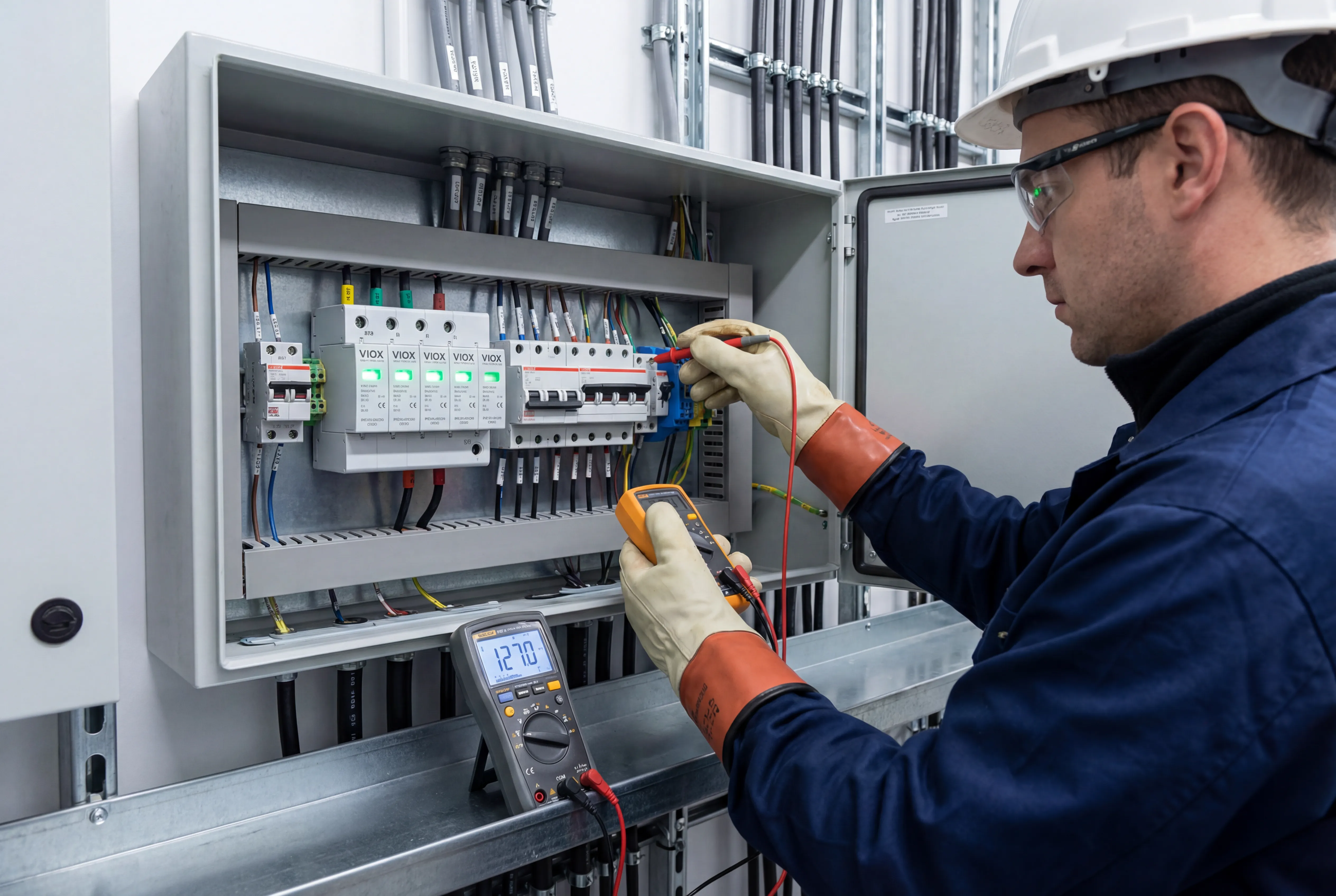 Ηλεκτρολόγος που επιθεωρεί τις ενδεικτικές λυχνίες κατάστασης VIOX SPD με πολύμετρο σε εμπορικό πίνακα διανομής κατά τη διάρκεια ελέγχου συντήρησης