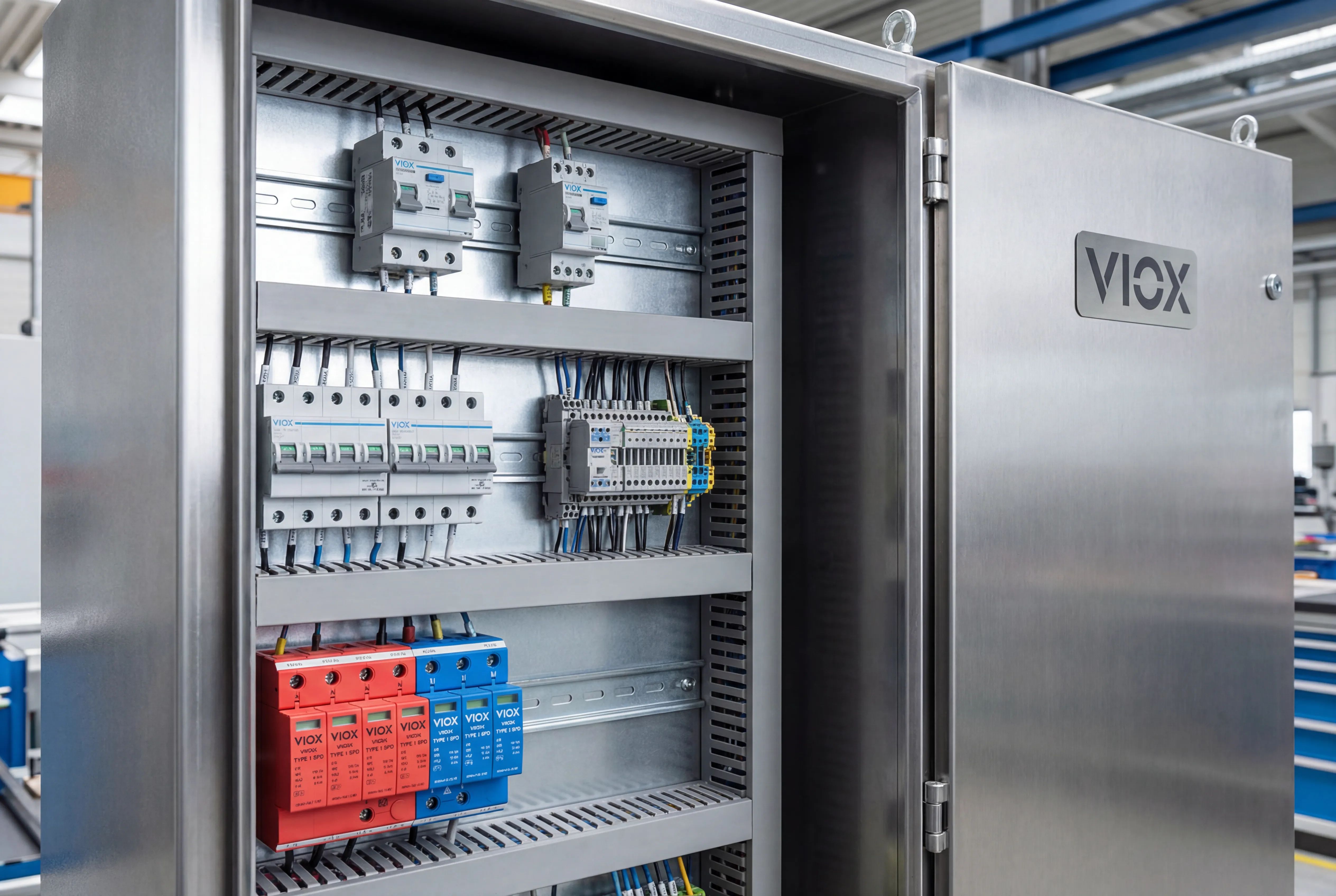 Elektrischer Verteiler mit VIOX Überspannungsschutzgeräten, die auf DIN-Schienen installiert sind