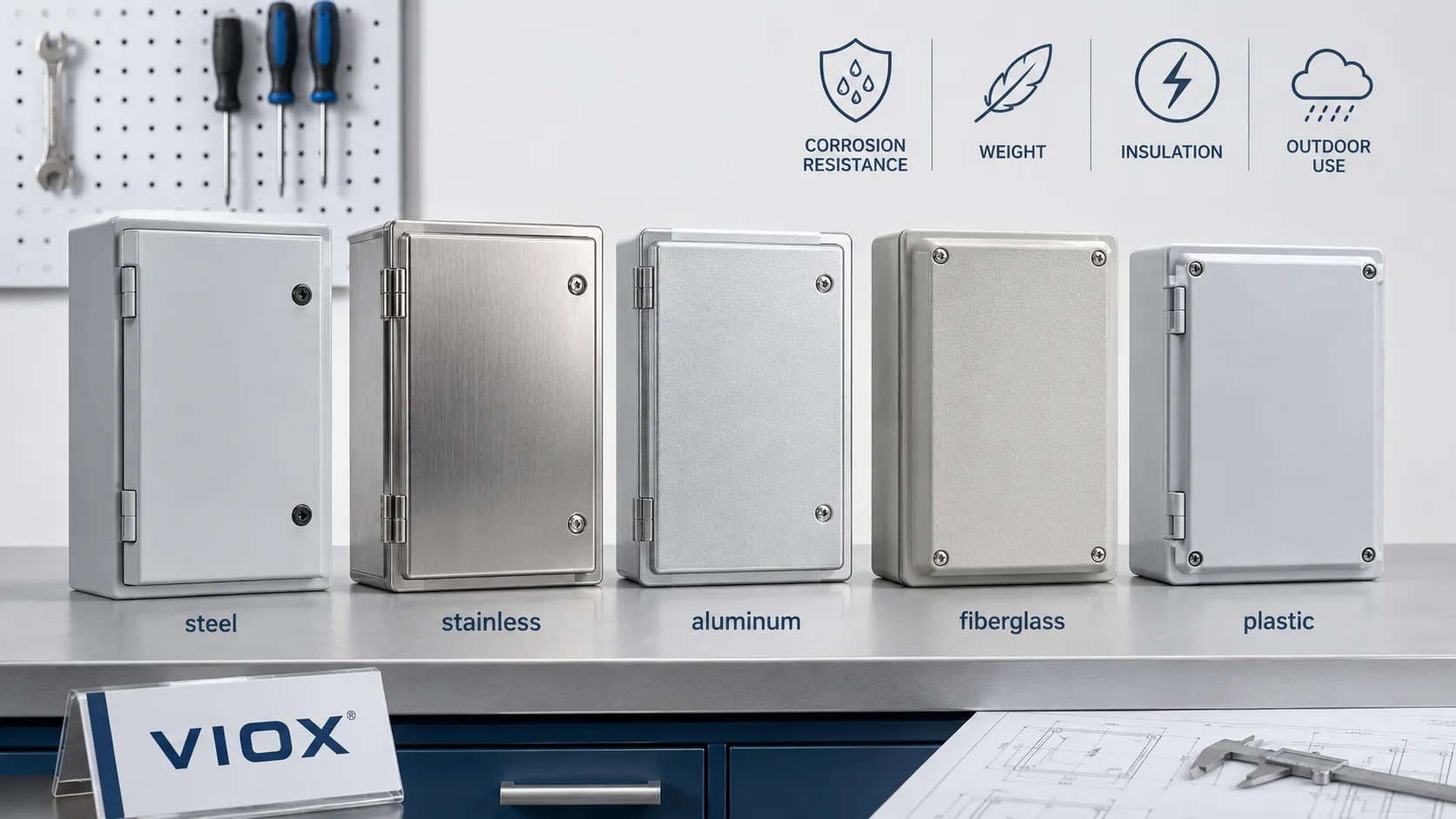Electrical enclosure materials comparison for steel, stainless steel, aluminum, fiberglass, and plastic.