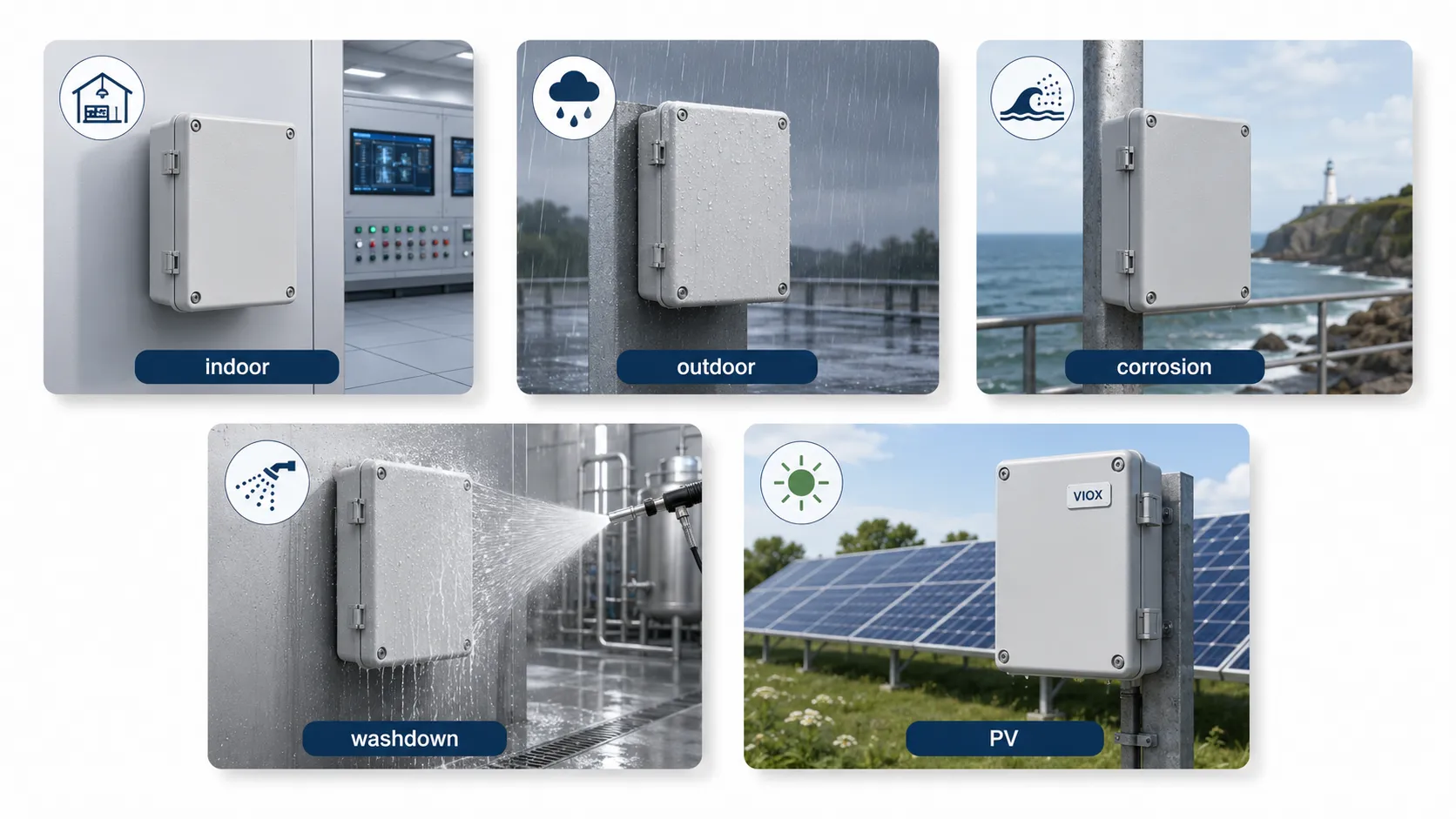 Electrical enclosure rating selection for indoor, outdoor, coastal, washdown, and PV applications.