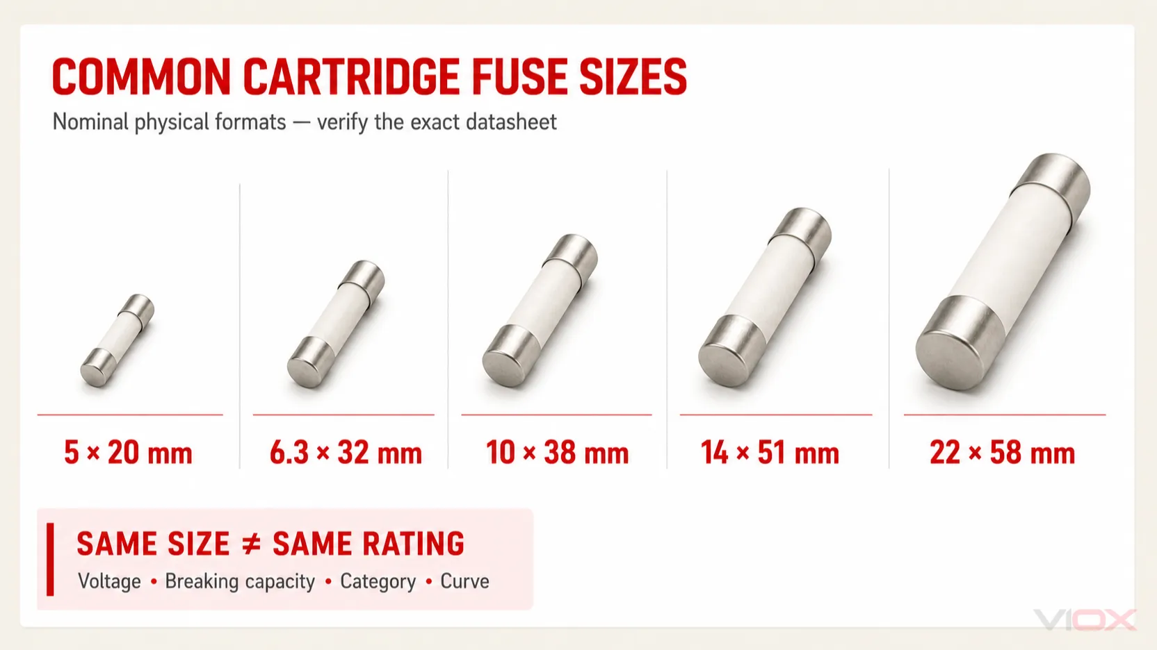 Common cartridge fuse sizes from 5 by 20 millimeters to 22 by 58 millimeters