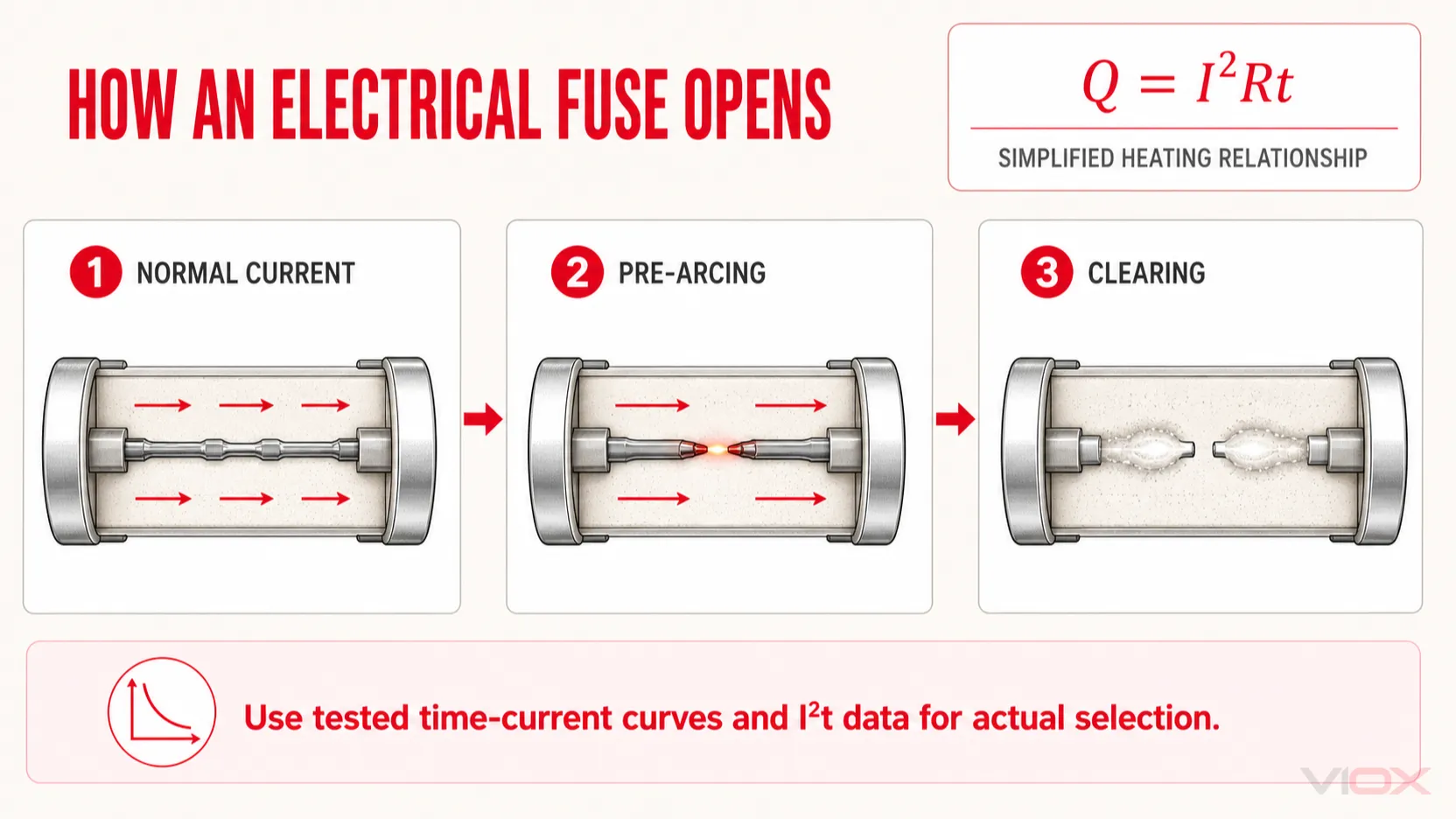 Three stages of electrical fuse operation: normal current, pre-arcing and clearing