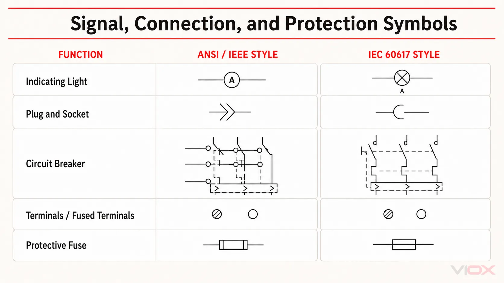 ANSI and IEC indicating light terminal circuit breaker and fuse symbols