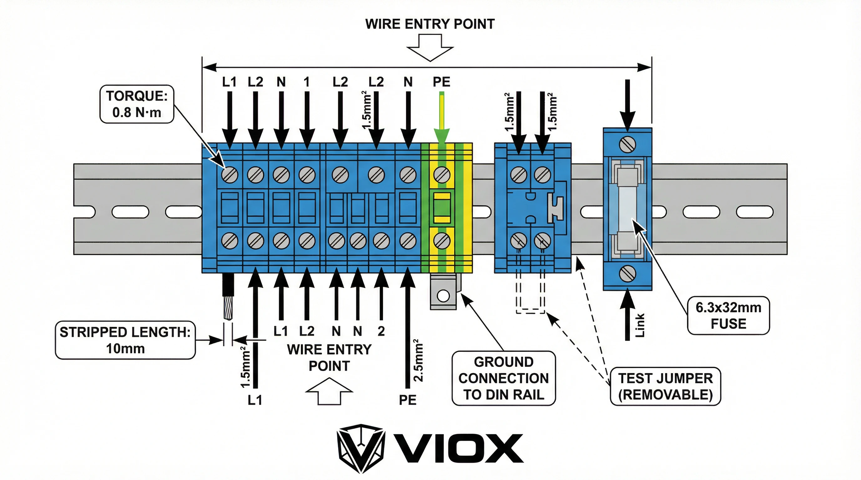 Electrical wiring schematic diagram illustrating terminal block connection layout on DIN rail