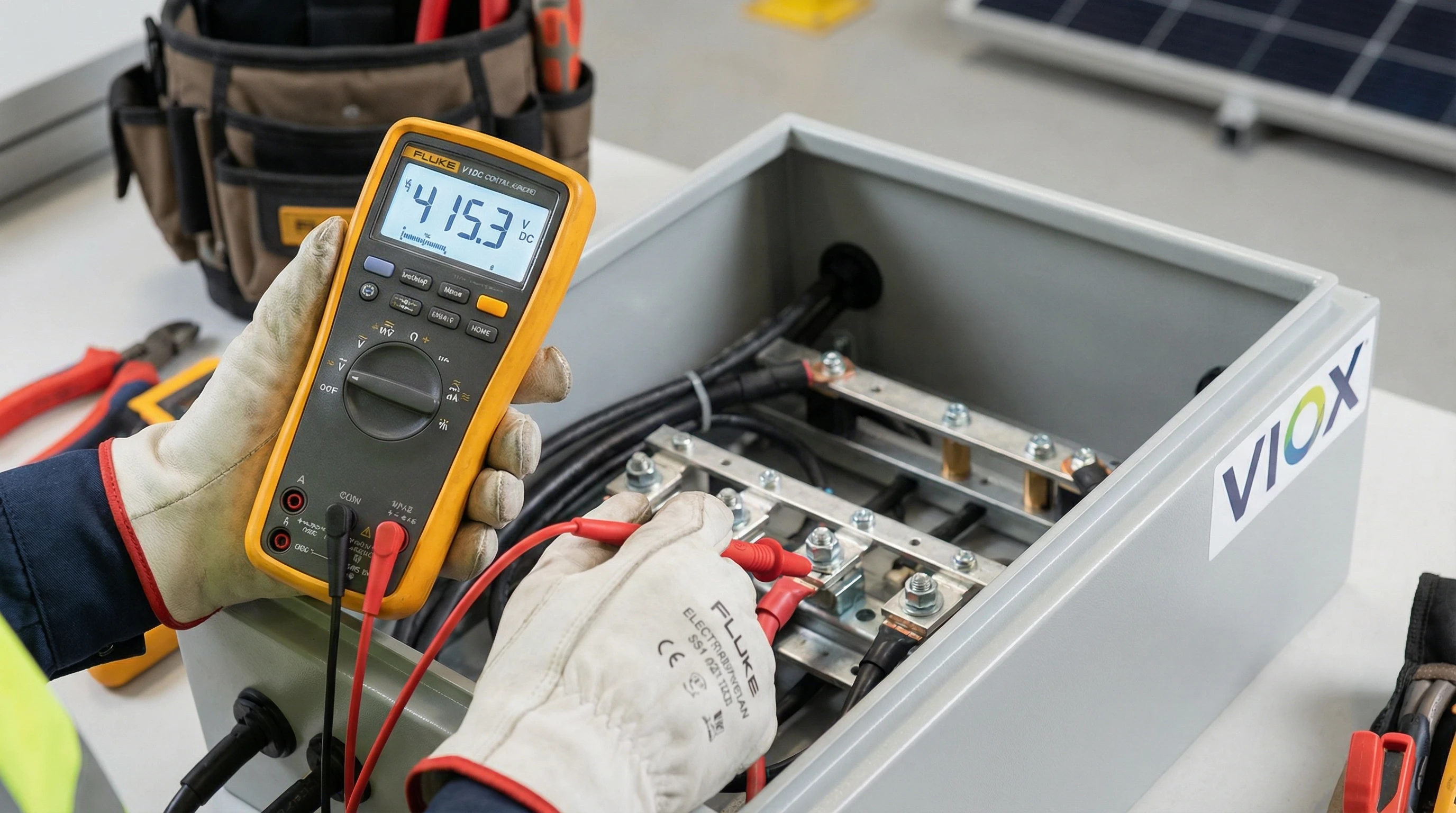 Tangan juruelektrik menggunakan multimeter digital dengan plumbum ujian merah dan hitam untuk mengukur voltan DC pada terminal kotak penyambung solar VIOX. Ujian elektrik profesional menunjukkan prosedur pengesahan voltan yang betul.