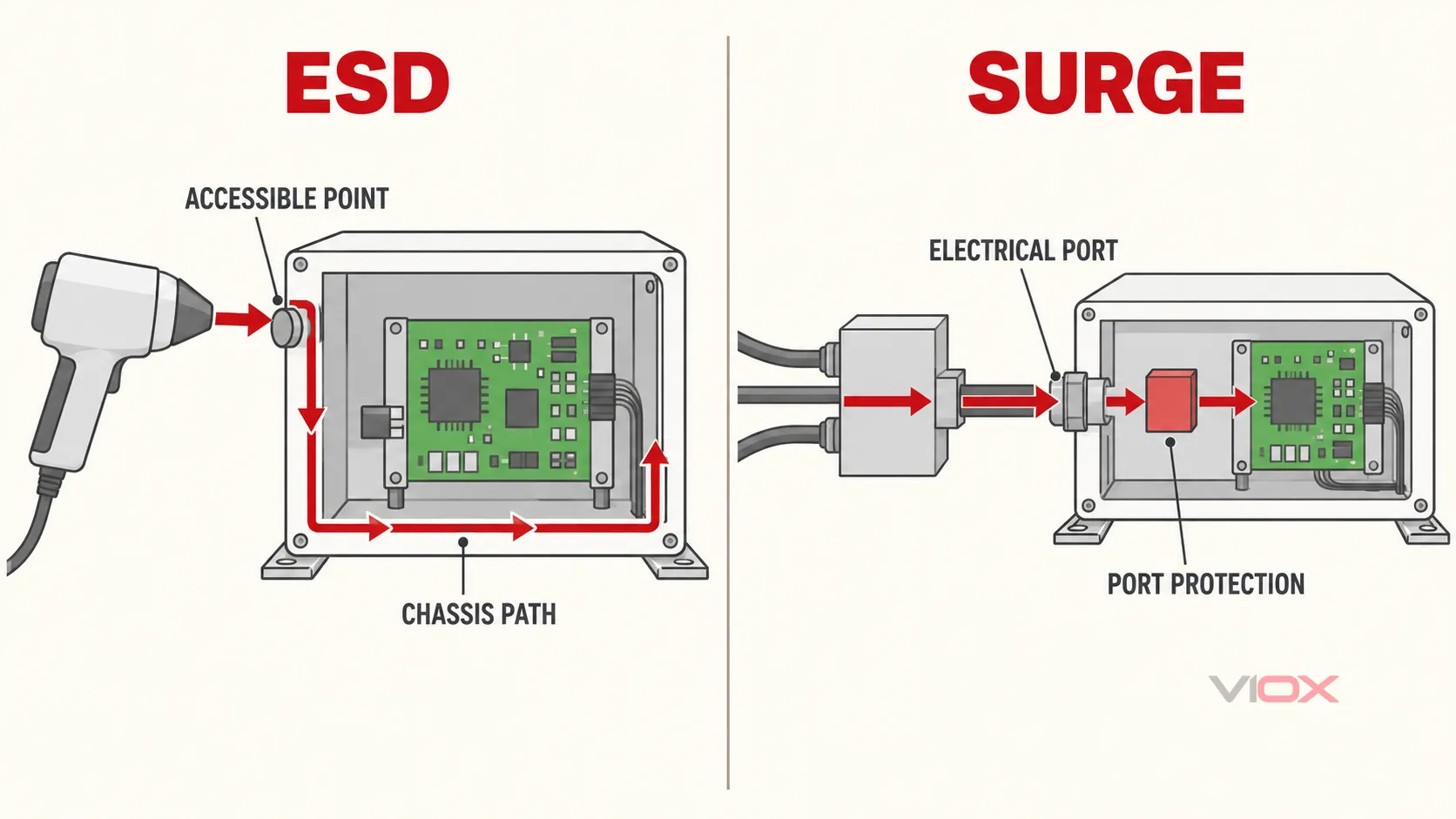 Comparison of ESD and surge immunity tests by source, entry point, current path, and protection layer