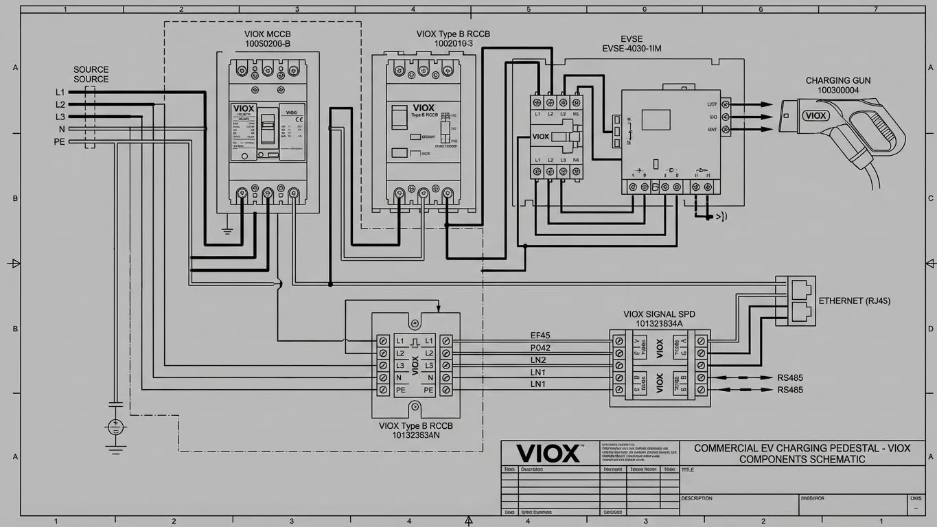 Commercial EV Pedestal Wiring Schematic showing Power and Signal Protection