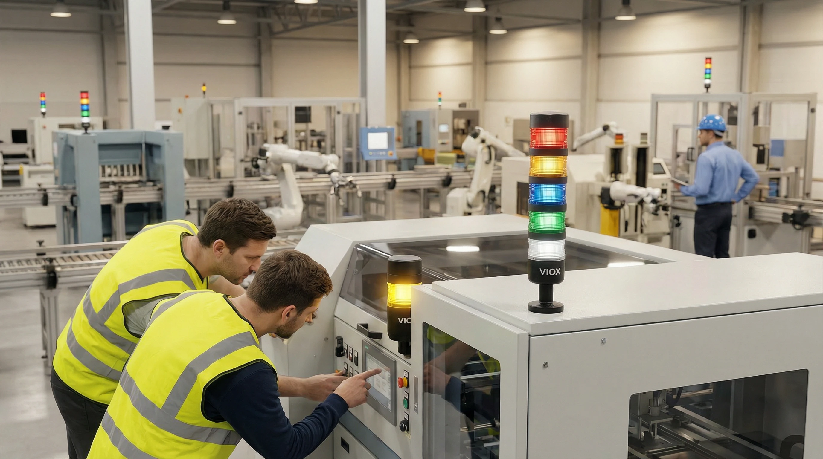 Cảnh nhà máy cho thấy các công nhân phản ứng với các tín hiệu trực quan từ đèn tháp Andon VIOX