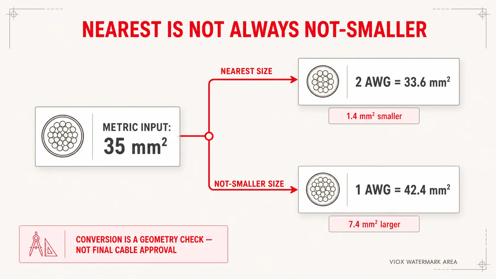 Nearest versus not-smaller AWG comparison for a 35 square millimeter metric conductor