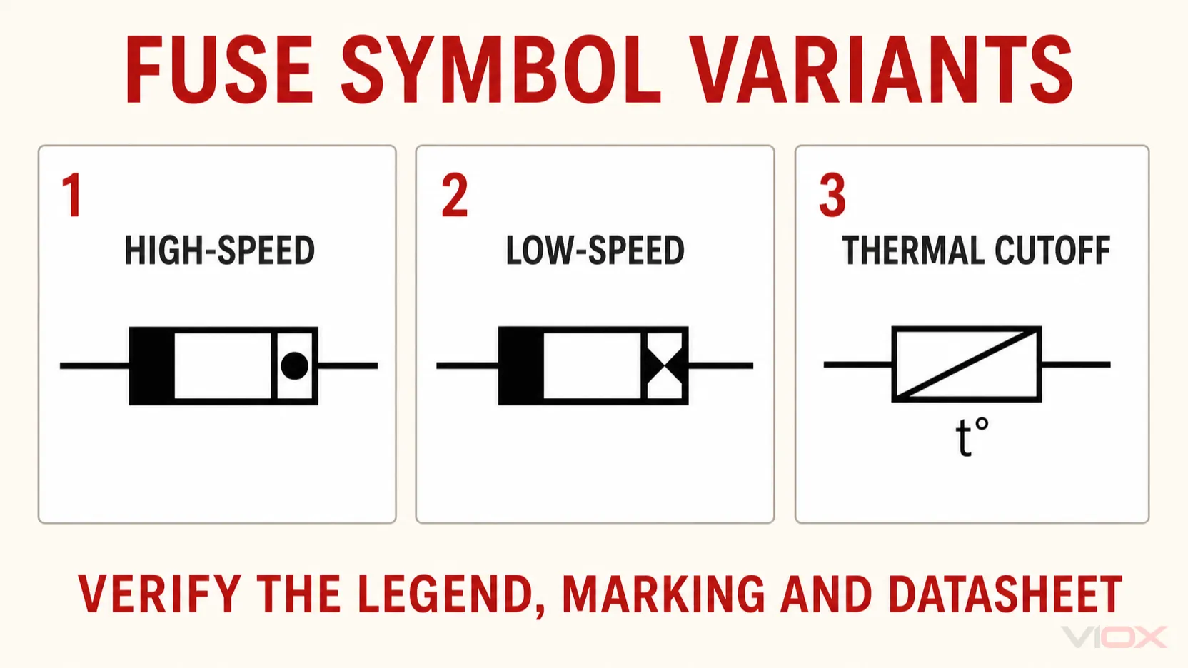 High-speed, low-speed and thermal fuse symbols compared