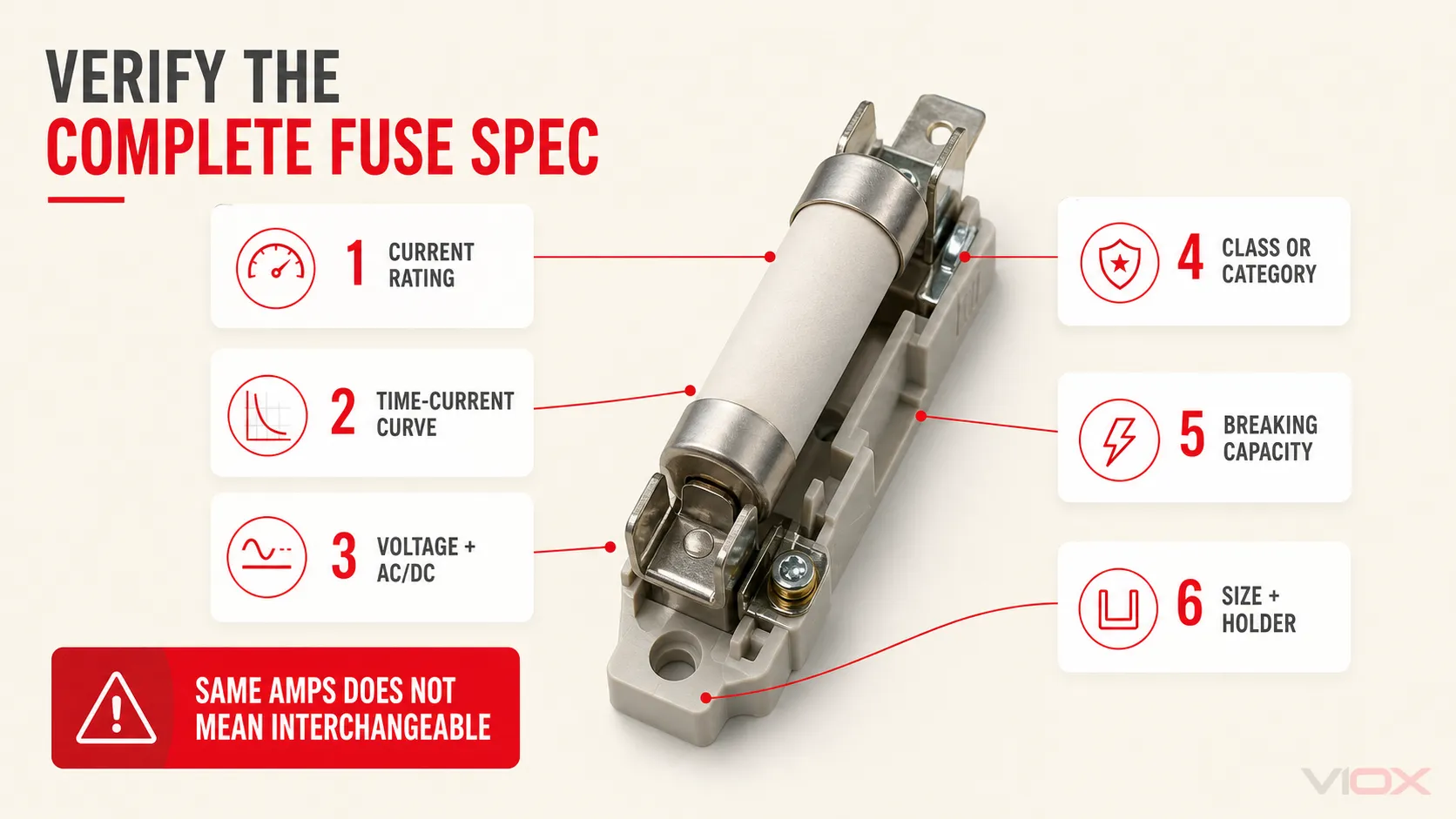 Complete fuse specification check covering current, curve, voltage, class, breaking capacity, and holder fit
