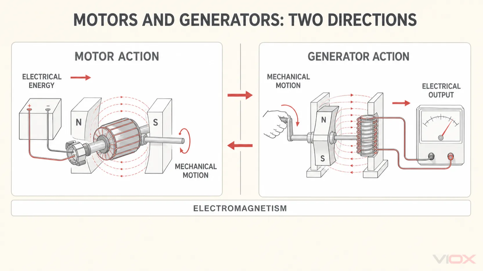 Motor action and electromagnetic induction compared as electrical-to-mechanical and mechanical-to-electrical energy conversion