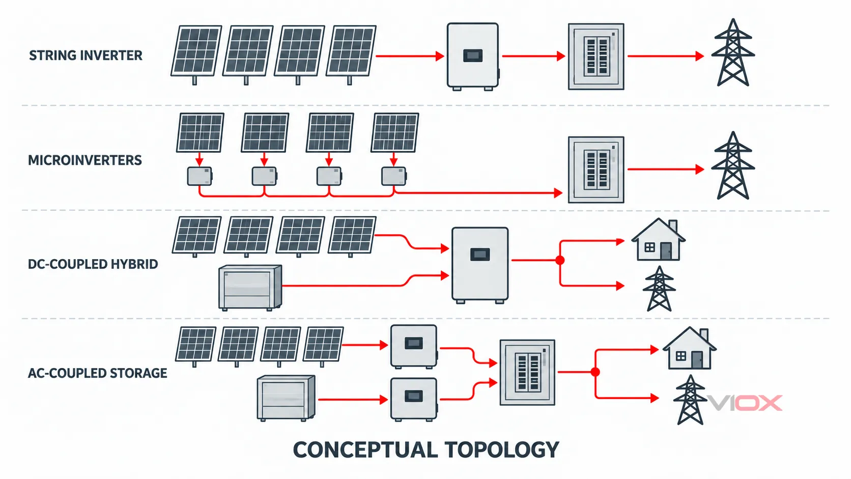 Conceptual comparison of four solar PV connection architectures