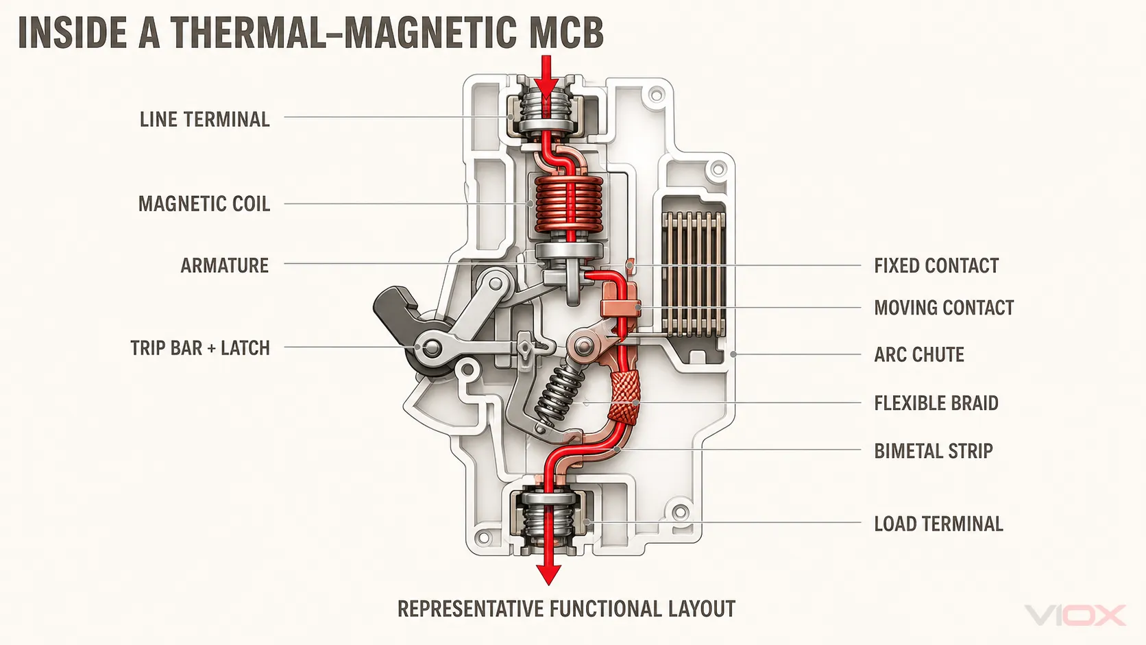 Representative internal current path and trip components of a thermal-magnetic MCB