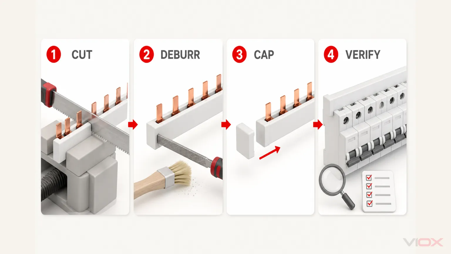 Four-step process for cutting, deburring, end capping and verifying a pin-type MCB comb busbar