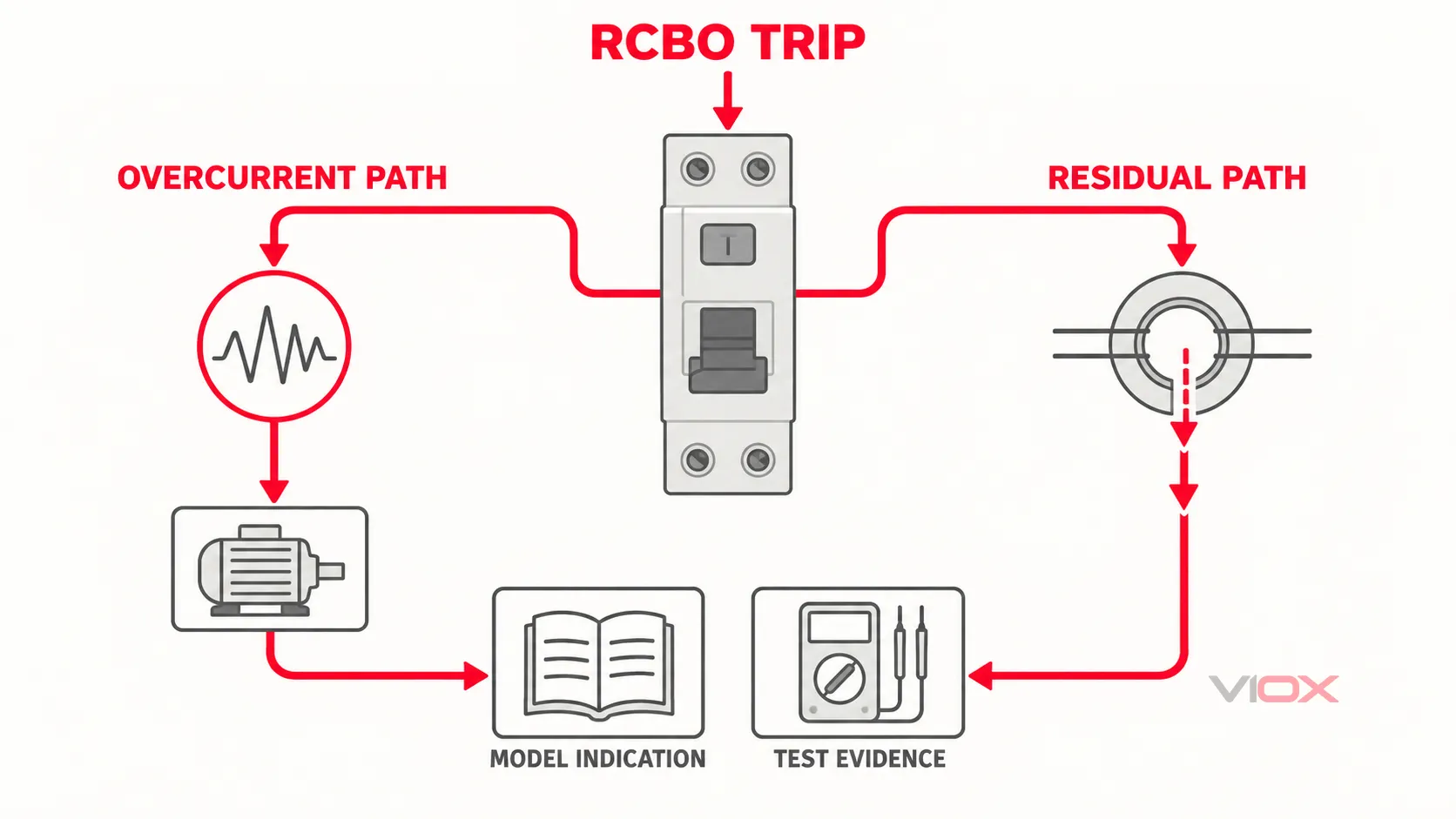 과전류 원인과 잔류 전류 원인 간의 RCBO 진단 분할