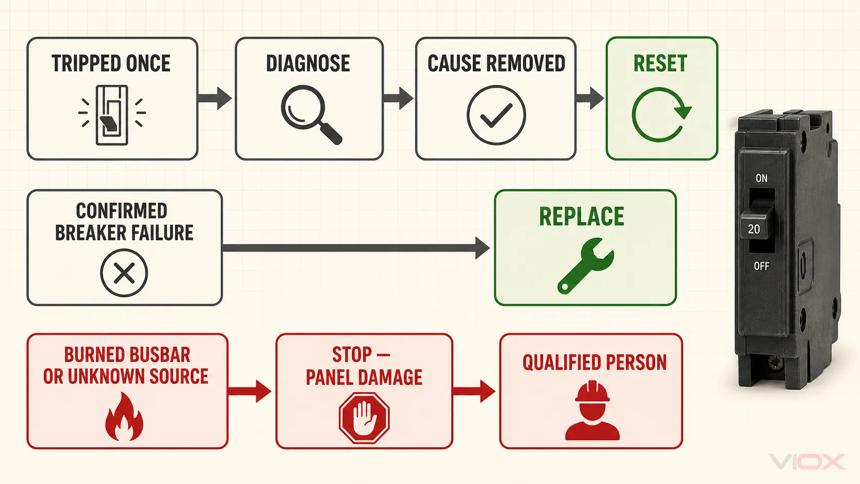 Decision flow showing when to diagnose, replace a circuit breaker, or stop because of panel damage