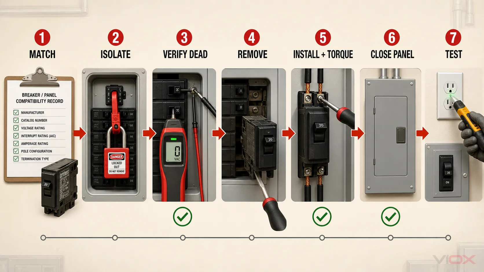 Safe circuit breaker replacement sequence from compatibility matching and isolation through termination, panel closure, and testing