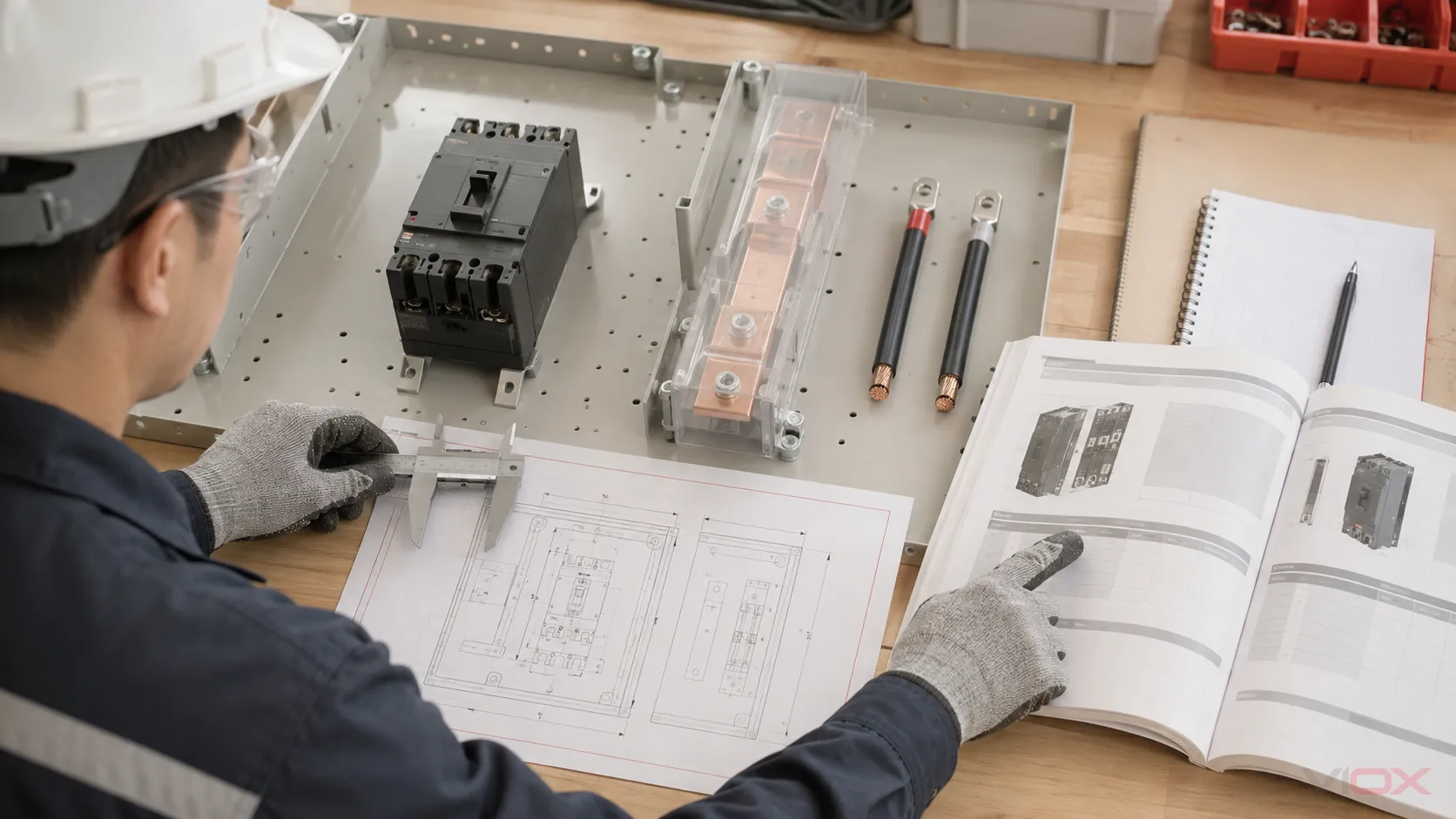 Panel builder checking an MCCB specification against panel and manufacturer data