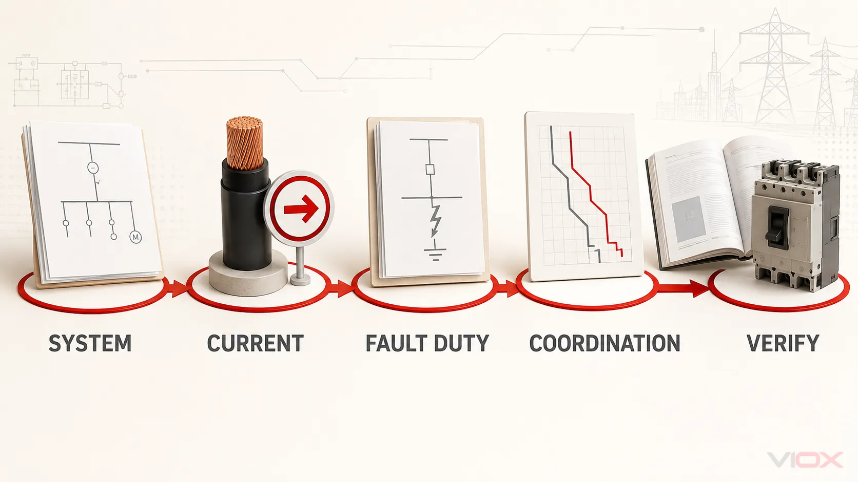 Five-stage MCCB selection workflow for an industrial electrical panel