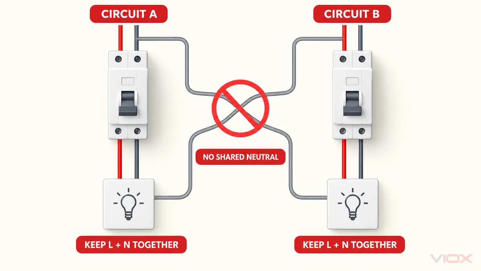 Konzeptionelle RCBO-Pol- und Neutralleiteranordnung, die zeigt, dass jeder geschützte Stromkreis seine überwachten Leiter zusammenhält