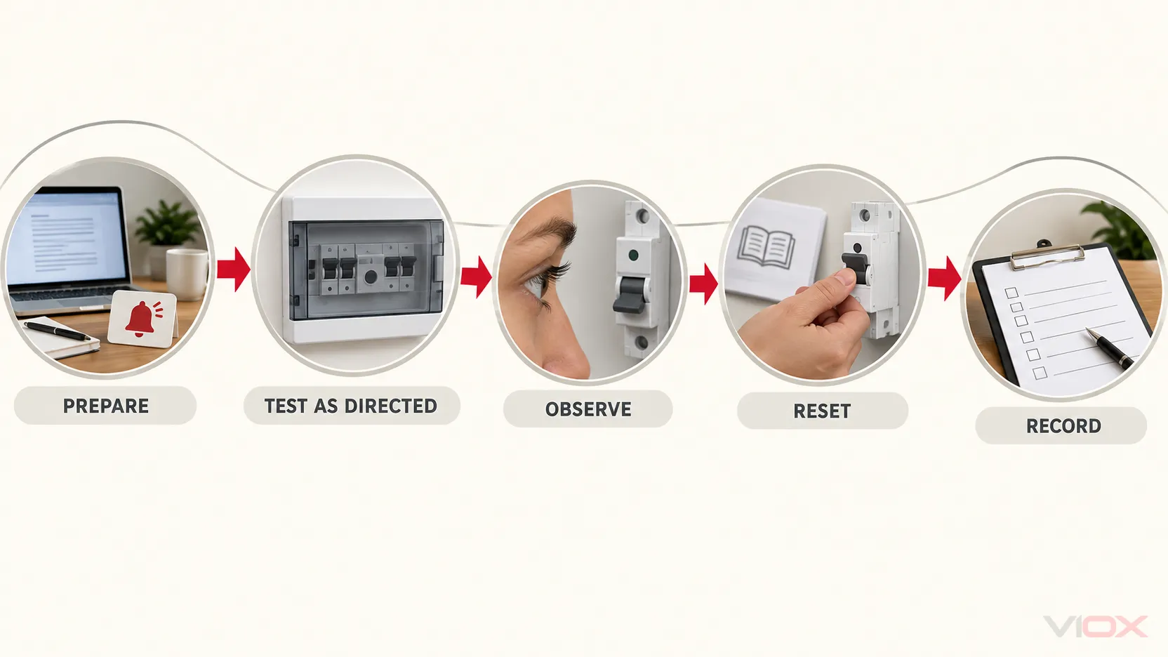 Workflow für die AFDD-Testtaste von der Vorbereitung und herstellerseitig vorgegebenen Prüfung bis hin zu Beobachtung, Rückstellung und Aufzeichnung