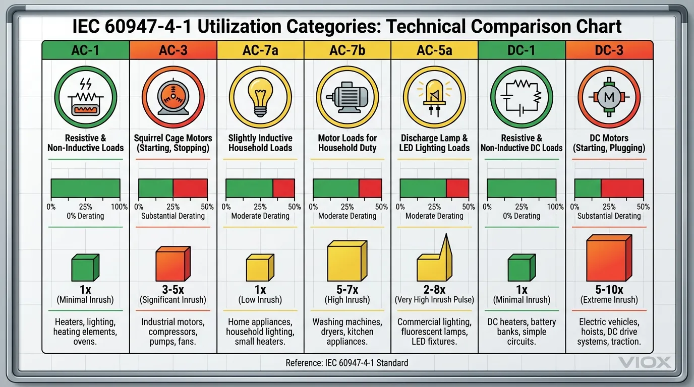 Carta perbandingan kategori penggunaan IEC 60947-4-1 yang menunjukkan jenis beban AC-1, AC-3, AC-7a, AC-7b, AC-5a, DC-1, DC-3 dengan faktor penurunan nilai, pengganda masukan dan aplikasi biasa
