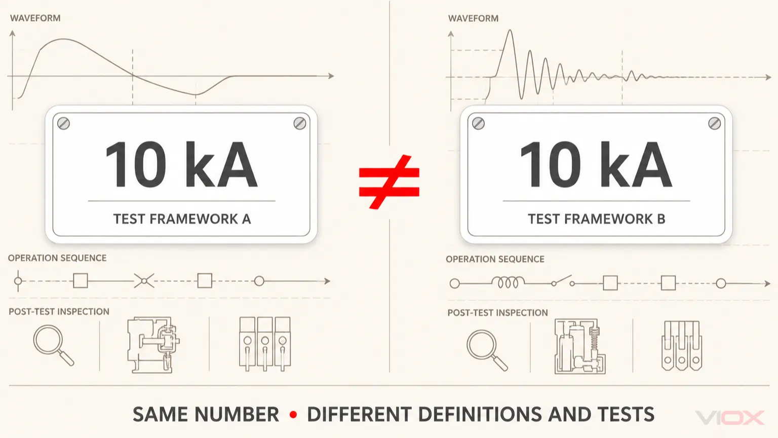 Two 10 kA ratings under different test frameworks are not directly equivalent