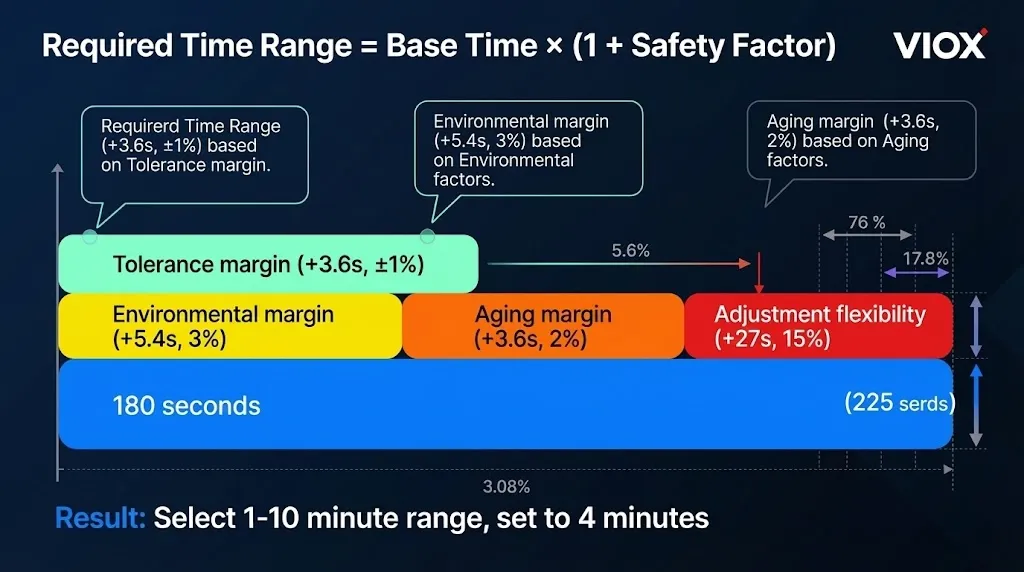 Illustrated breakdown of timer relay time range calculation showing base process time plus safety margins for tolerance, aging, and environmental factors