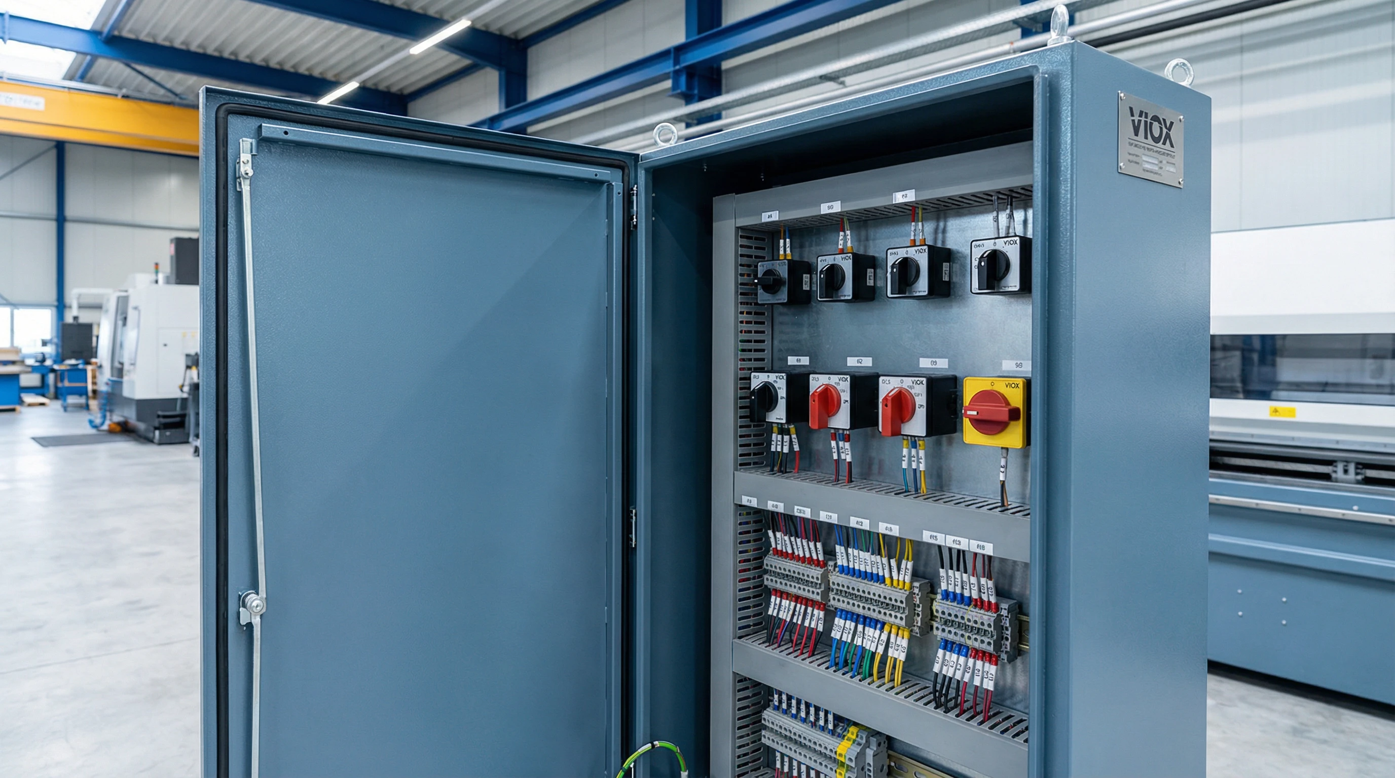 Fotografía de la aplicación del panel de control industrial que muestra los interruptores de levas y los interruptores rotativos VIOX