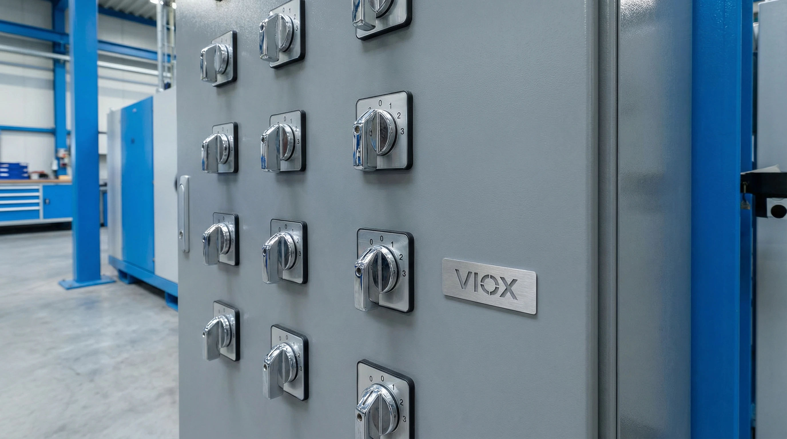 لوحة تحكم صناعية تتميز بمفاتيح كامة دوارة VIOX في حاوية كهربائية للتحكم في المحركات وتطبيقات توزيع الطاقة