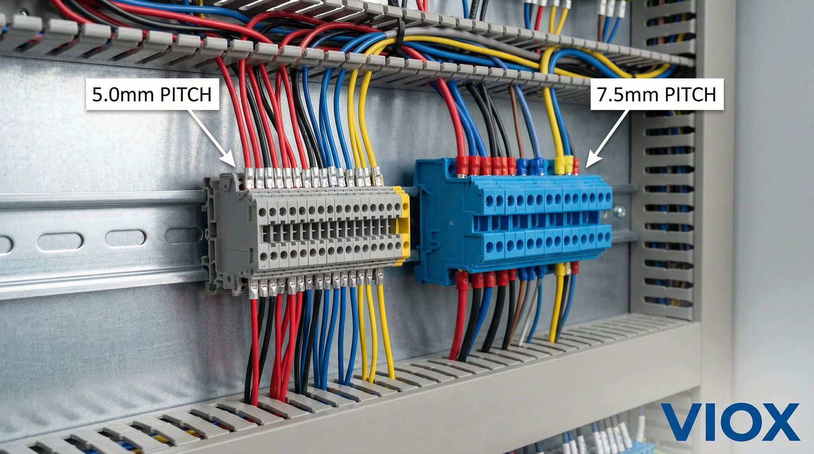 Painel de controle industrial mostrando blocos de terminais montados em trilho DIN