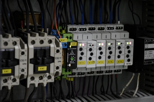 Industrial control panel showing DIN rail-mounted time delay relays