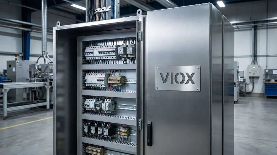 Ipari elektromos vezérlőpanel VIOX logóval, amely professzionális minőségű alkatrészeket mutat be