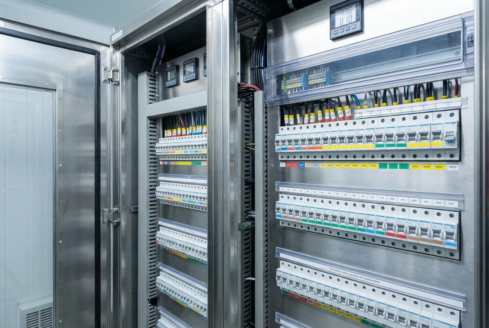 শিল্প নিরাপত্তার জন্য MCB মিনিয়েচার সার্কিট ব্রেকারের সারি সহ শিল্প বৈদ্যুতিক প্যানেল।.