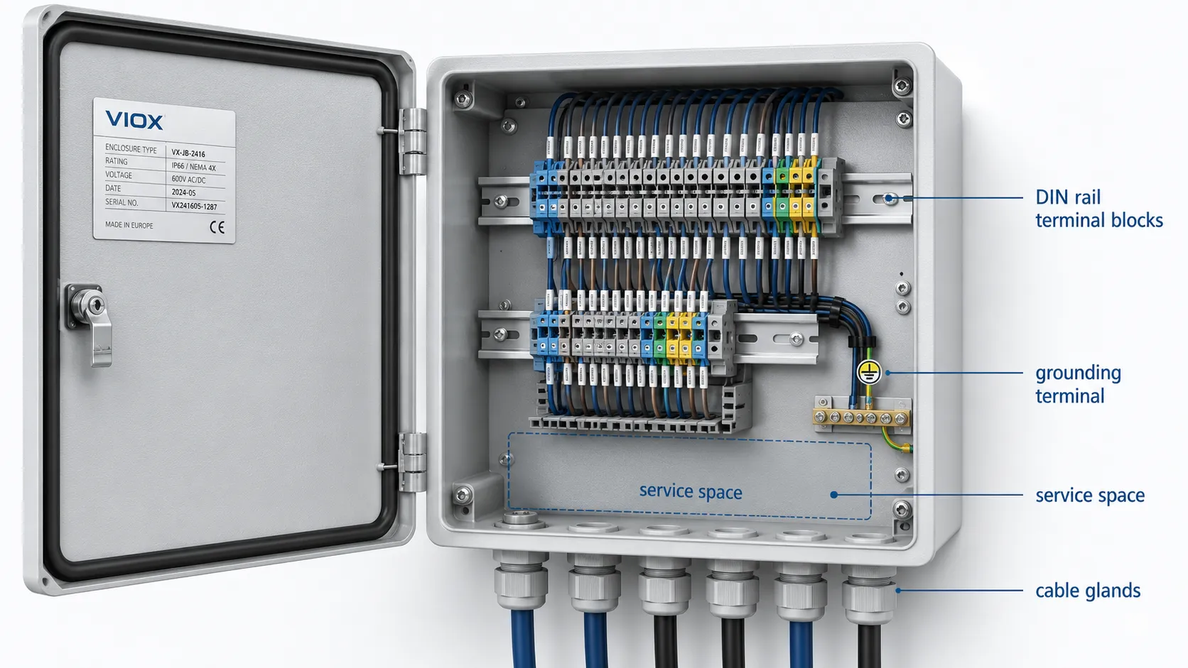Industrial junction box with DIN rail terminal blocks for organized control panel wiring.