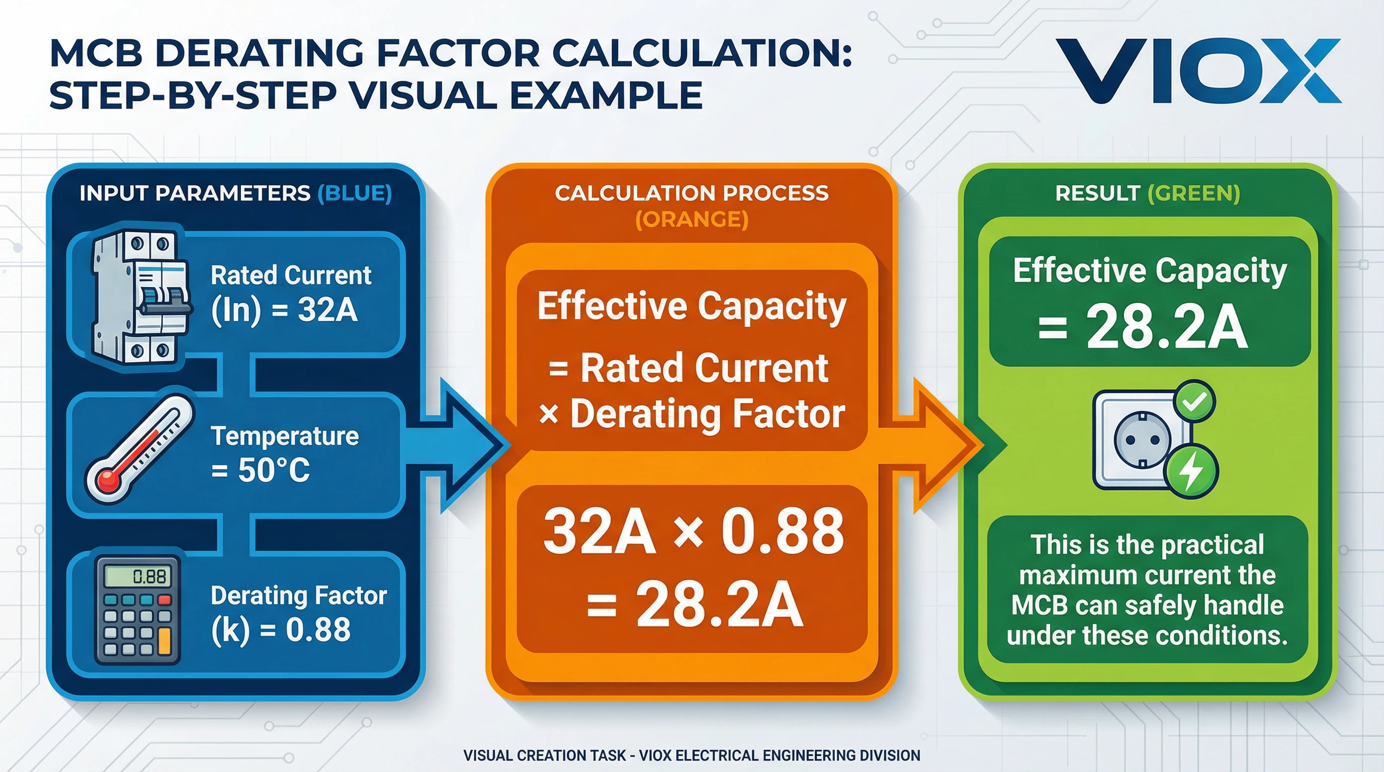 ইনফ্রোগ্রাফিক ধাপে ধাপে ভিজ্যুয়াল উদাহরণের সাথে MCB ডি-রেটিং ফ্যাক্টর গণনা প্রদর্শন করে, যেখানে 50°C তাপমাত্রায় 32A MCB এর 0.88 ফ্যাক্টর 28.2A কার্যকরী ক্ষমতার সমান, VIOX ব্র্যান্ডেড