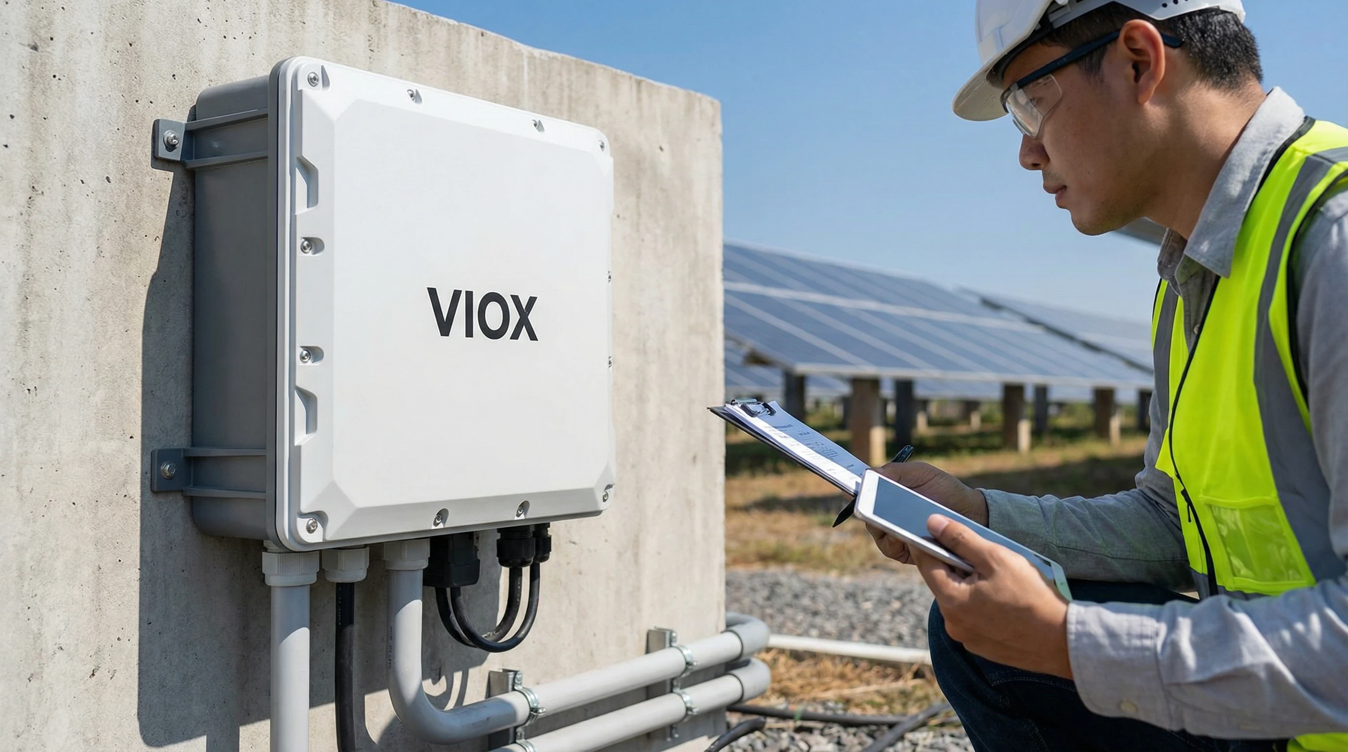 Pemeriksa memakai ves keselamatan memeriksa integriti penutup luaran kotak penyambung solar VIOX yang dipasang di dinding, dengan panel solar kelihatan di latar belakang. Pemeriksaan profesional menunjukkan pengesahan penutup kalis cuaca yang betul.