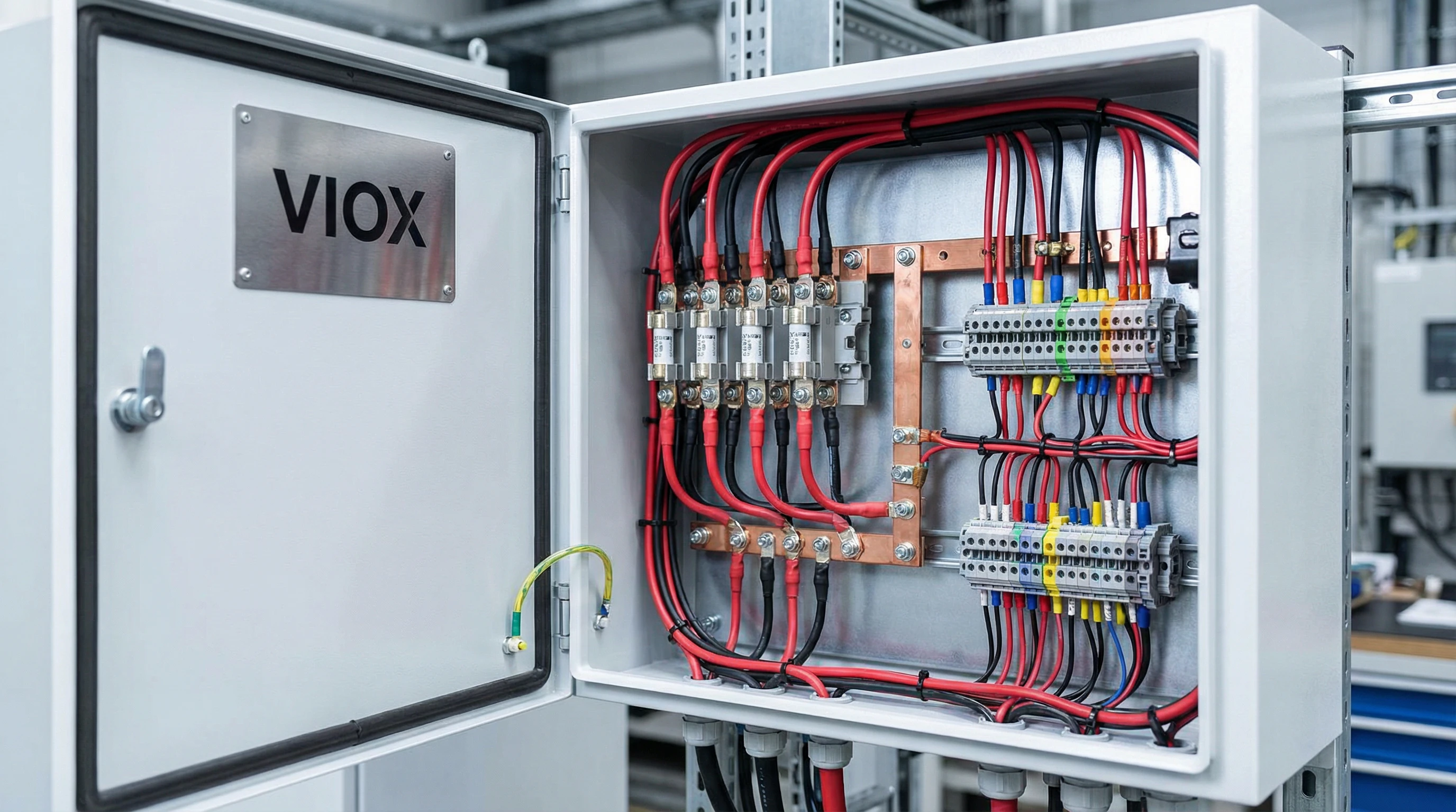 Pandangan dalaman kotak penyambung solar VIOX yang menunjukkan berbilang sambungan rentetan DC berfius, kabel merah dan hitam disambungkan ke bar bas, dan pendawaian profesional. Penjenamaan VIOX kelihatan pada pintu penutup.