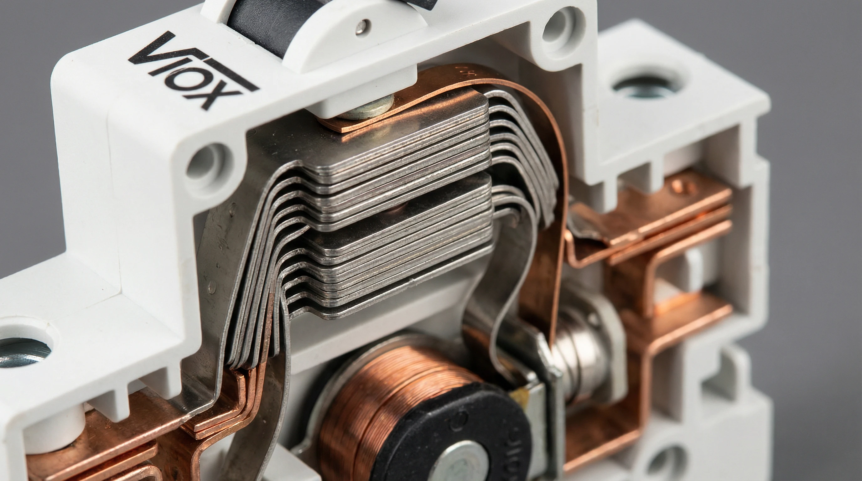 ဆားကစ်ကာကွယ်မှုအတွက် မီးပွားခန်းနှင့် ခရီးထွက်ယူနစ်အစိတ်အပိုင်းများကို ပြသထားသော VIOX MCB ၏ အတွင်းပိုင်းယန္တရား