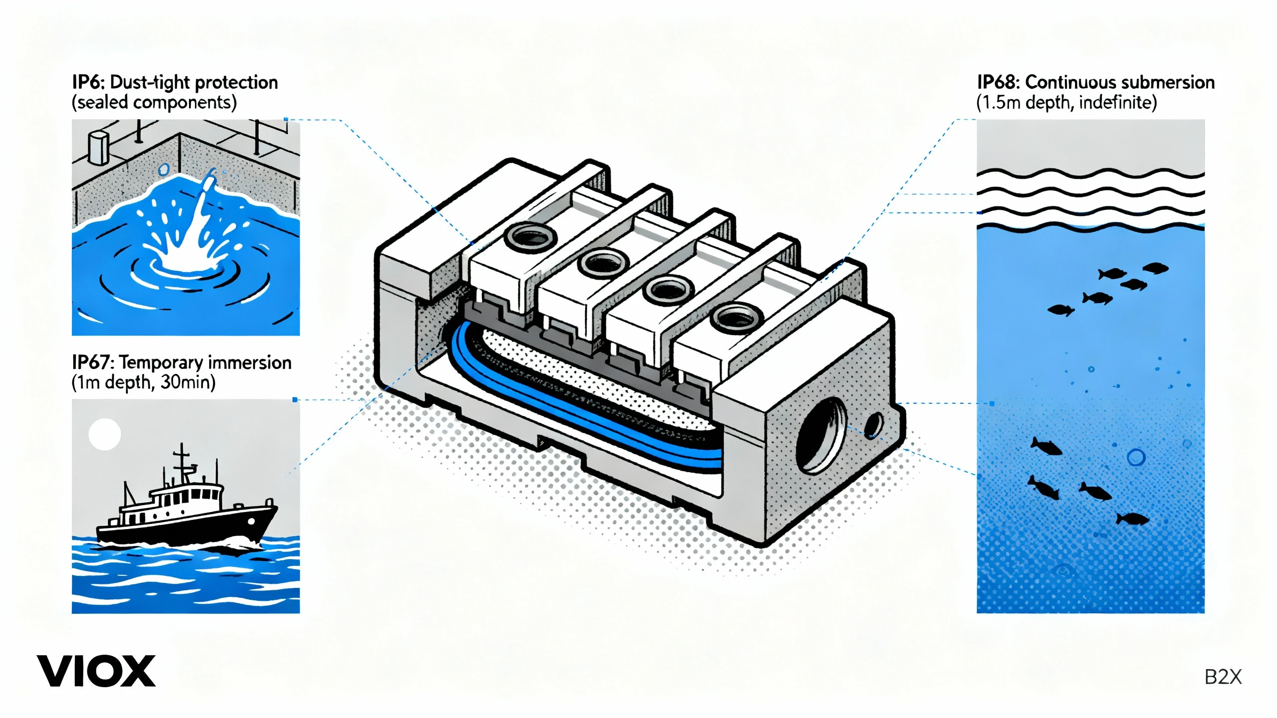 IP rating infographic showing IP67/IP68 protection levels for marine environments