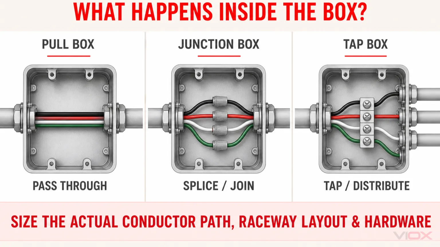 Pull box, junction box and tap box internal conductor comparison